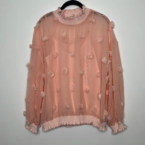 5/$25 Entro Medium Sheer Pom Pom Long Sleeve Peach Blouse with attached camisole